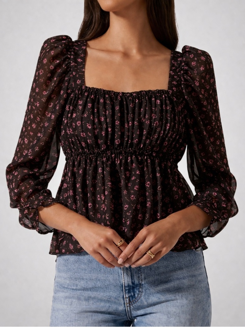 Astr the Label Floral Smocked Top-XL, Puff Sleeve Boho Chic Blouse